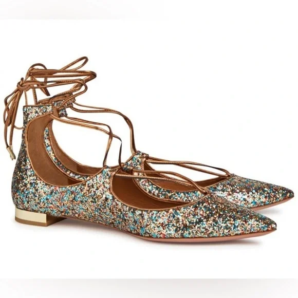 AQUAZZURA Firenze Christy Glittered Leather Flats, size 37 (6 US) - Picture 2 of 9